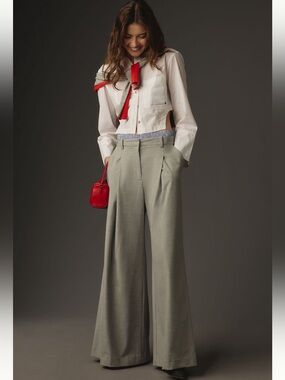 Maeve Anthropologie Gray Pleated Wide Leg Trousers with Striped Waistband Size S
